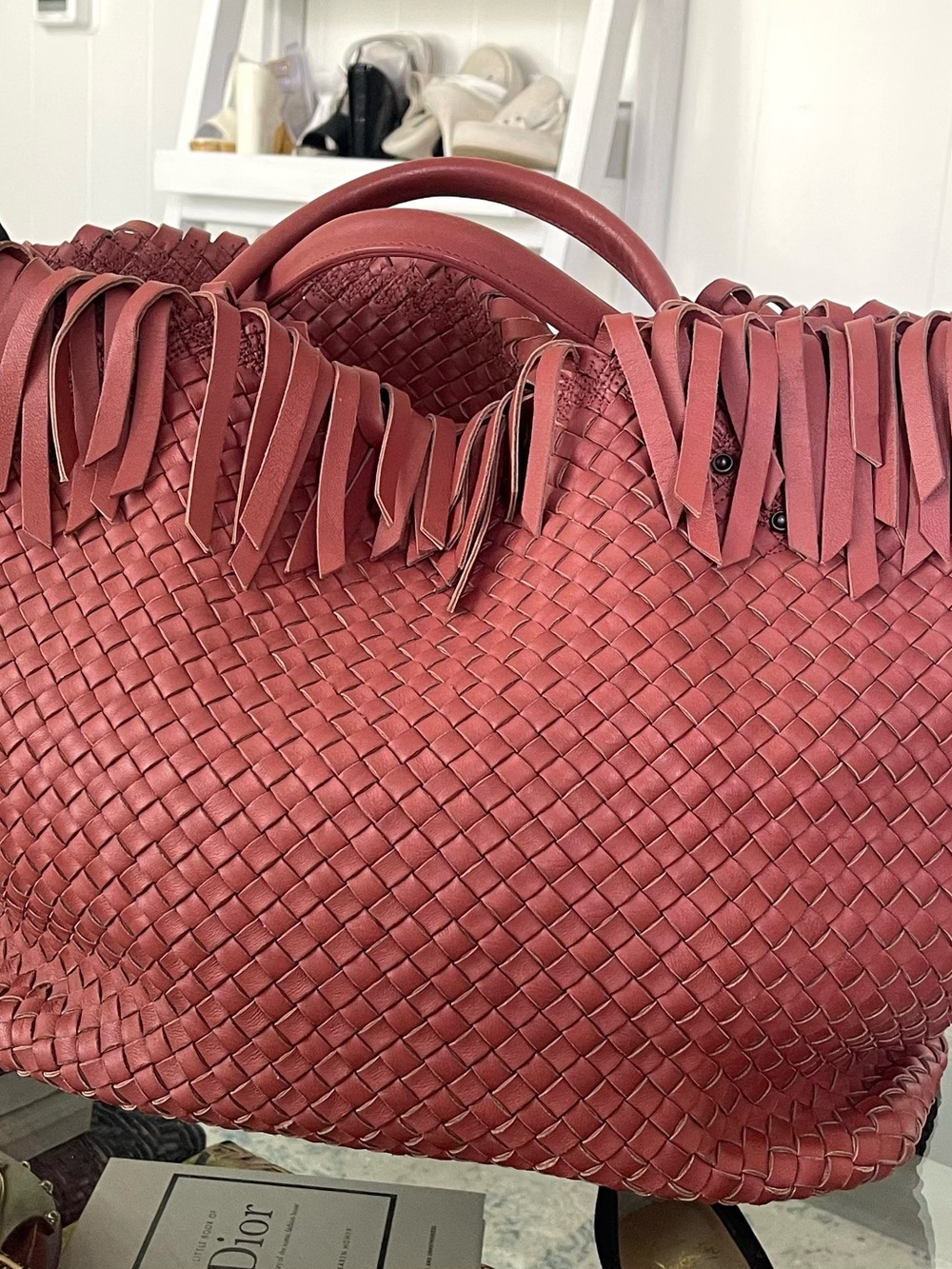 Bottega Veneta Woven Fringe Tote in muted Rose color
